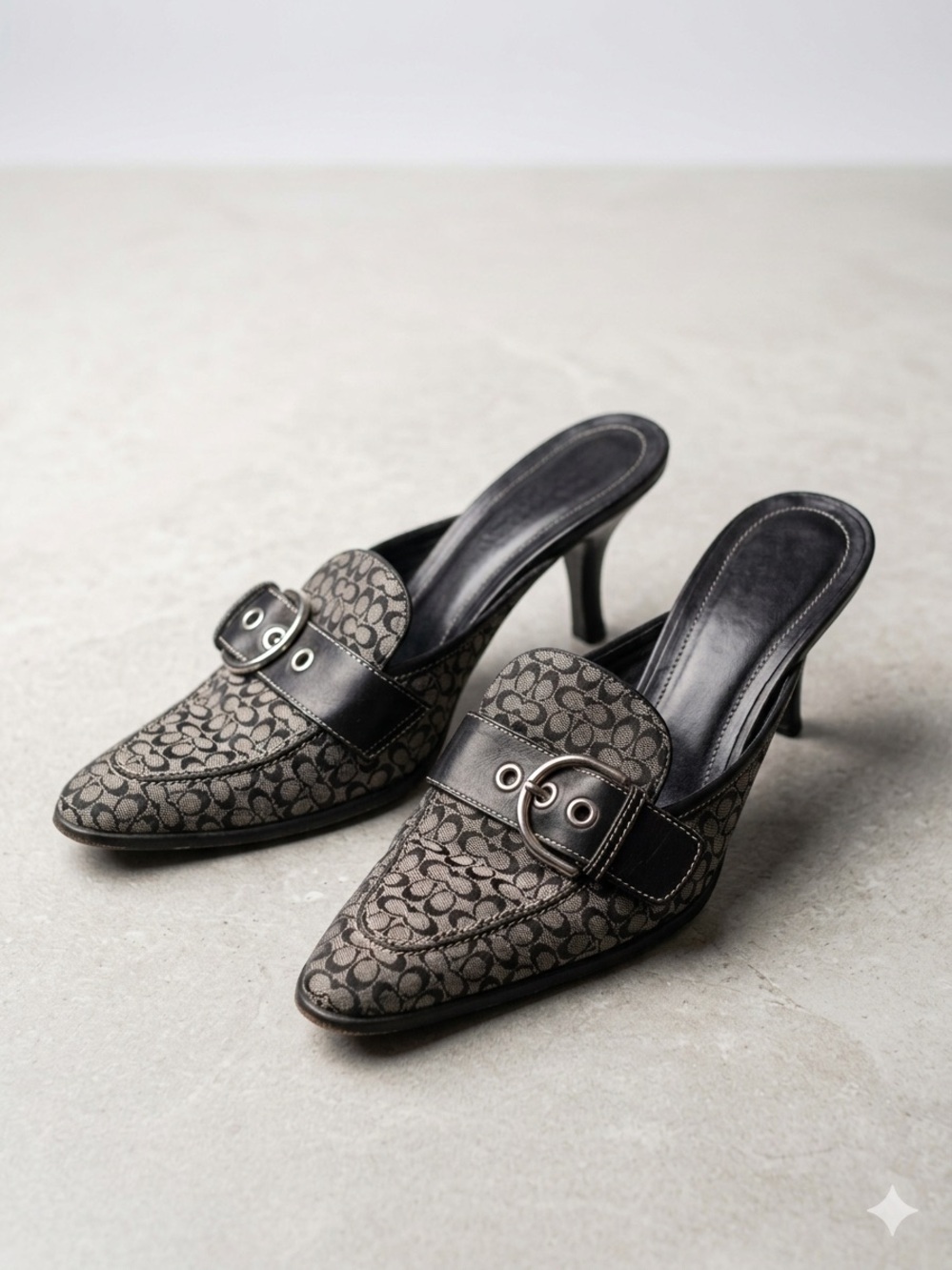 Vintage Coach Monogram Mules Pointed Toe Kitten Heel Buckle Clasp Black Gray Y2K